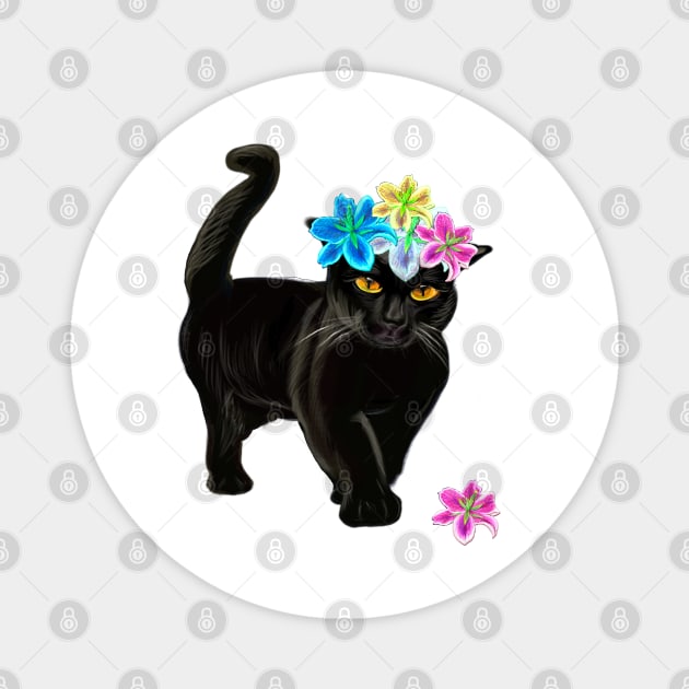 Black Cat with flower crown. Cat themed gifts for women and men Magnet by Artonmytee